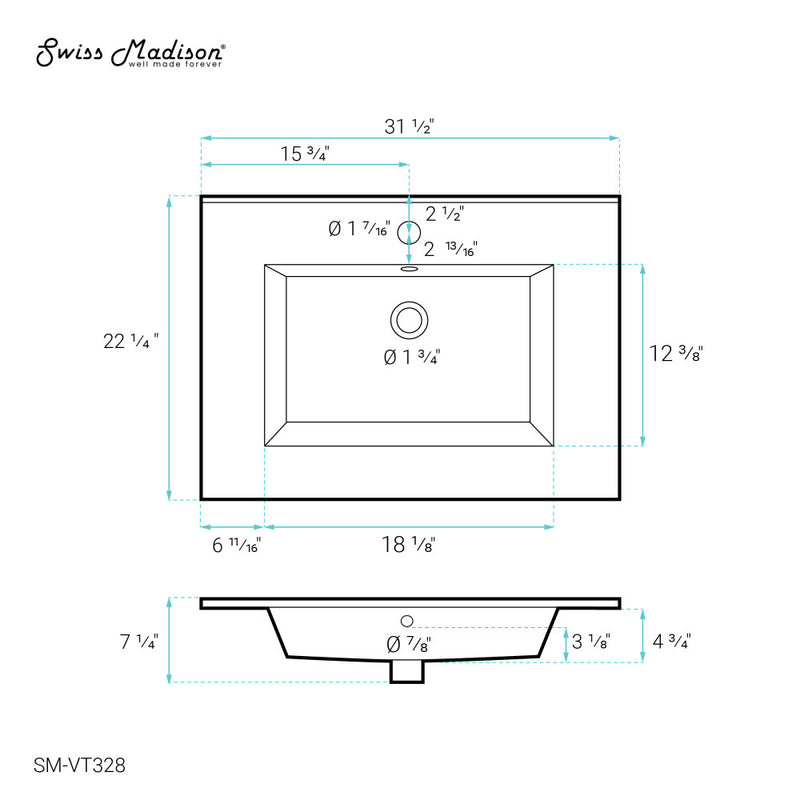 Voltaire 31 Vanity Top Sink with Single Faucet Hole