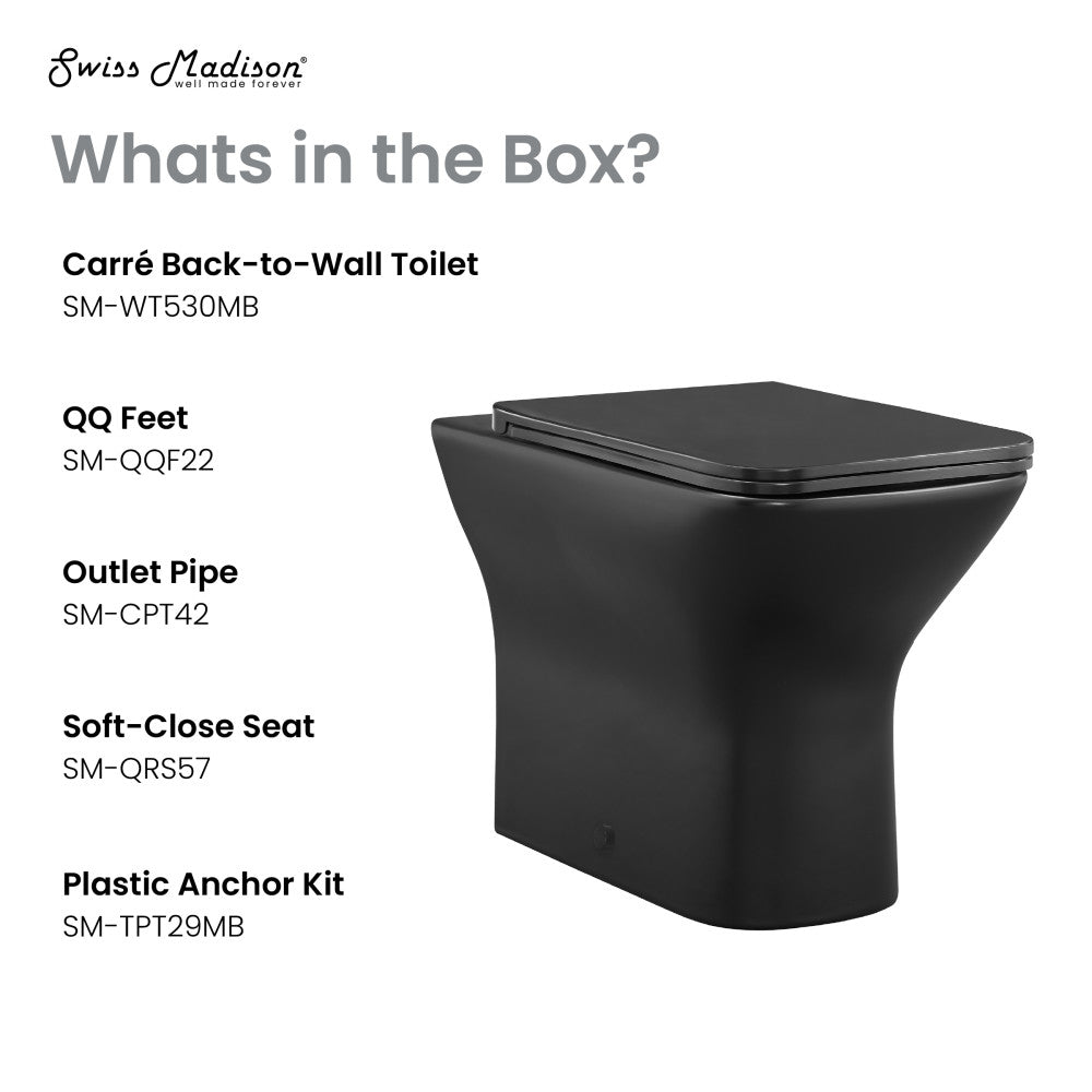 Elongated back-to-wall toilet bowl in matte black with soft-close seat and sleek modern design.