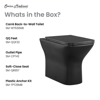 Elongated back-to-wall toilet bowl in matte black with soft-close seat and sleek modern design.