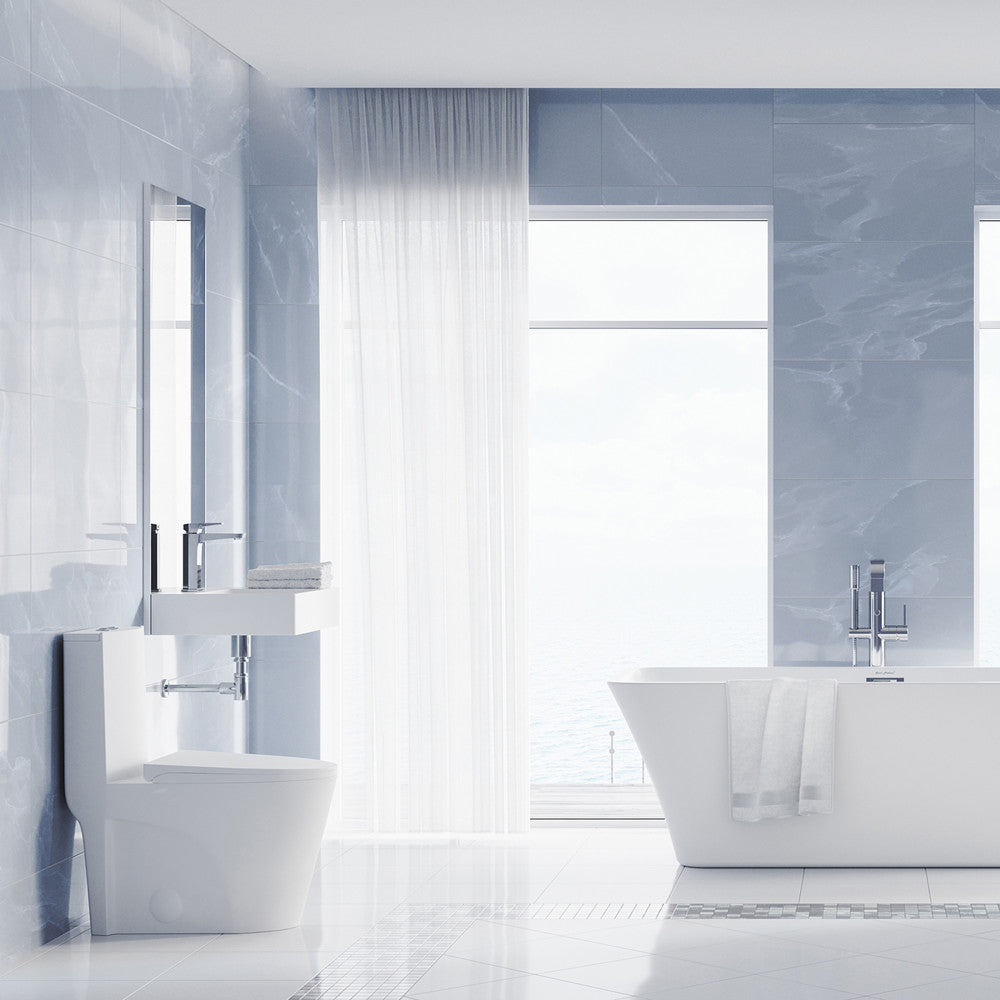 Elongated one-piece toilet in matte white, dual-flush, with sleek modern design and compact skirted trapway.