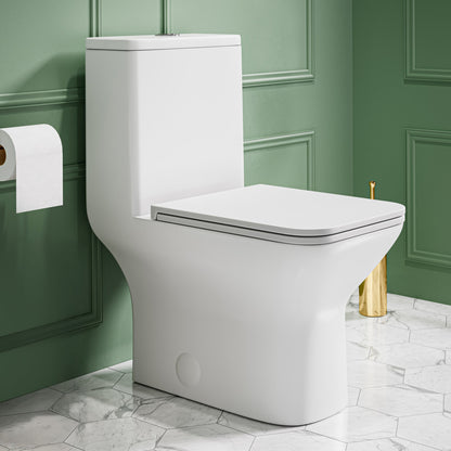 Elongated one-piece toilet in matte white, dual flush, compact skirted trapway design.