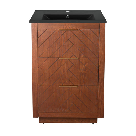 Daxton 24" Freestanding Bathroom Vanity in Brown Oak with Black Sink Top
