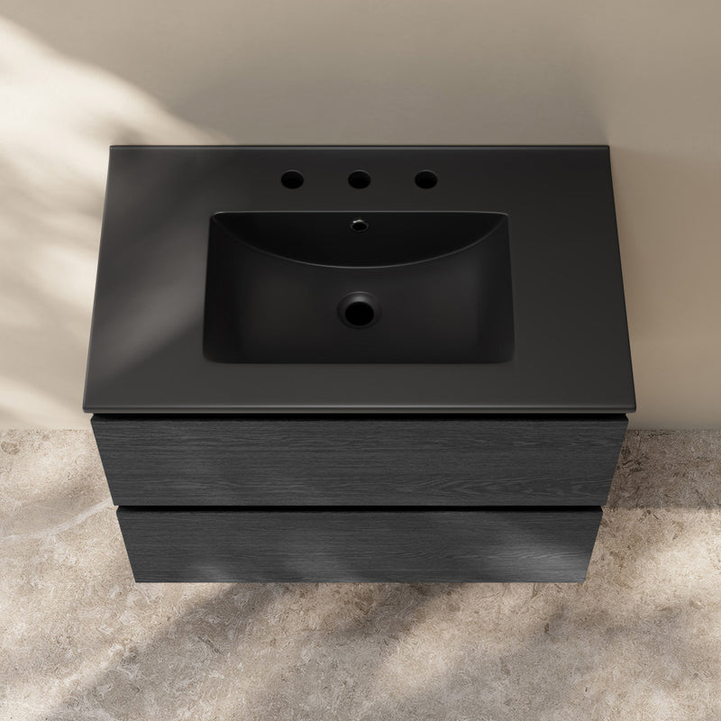 Liberte 30" Wall-Mounted Bathroom Vanity in Black Oak with Black 3-Hole Widespread Sink Top