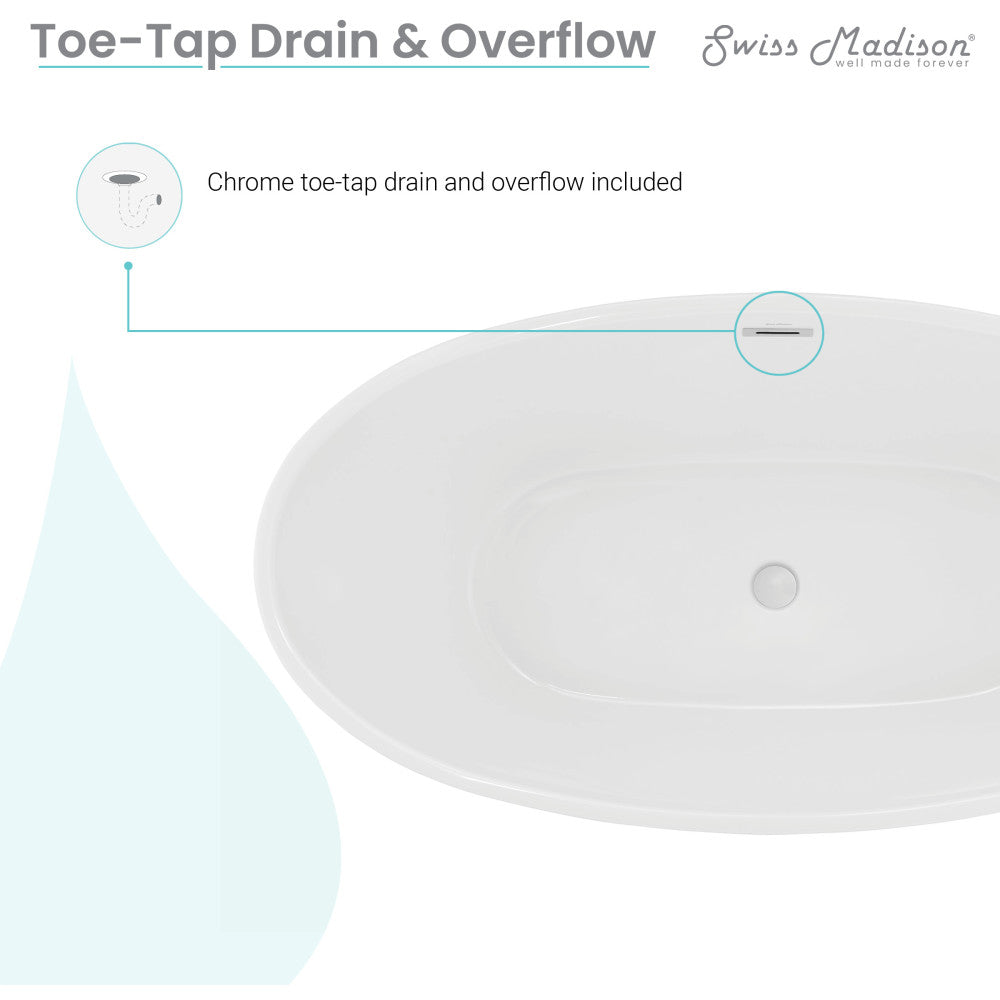 Freestanding soaking bathtub 60 inch, center drain, smooth white acrylic finish.