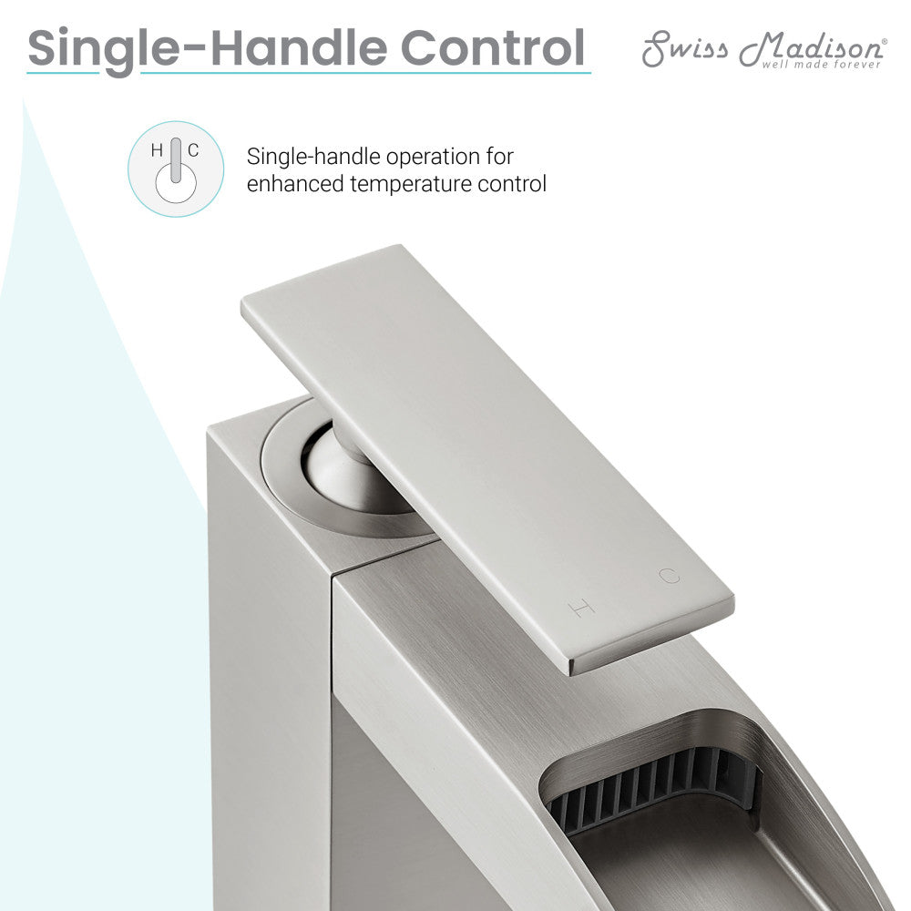 Single-handle waterfall bathroom faucet in brushed nickel with sleek rectangular lever and aerated spout.