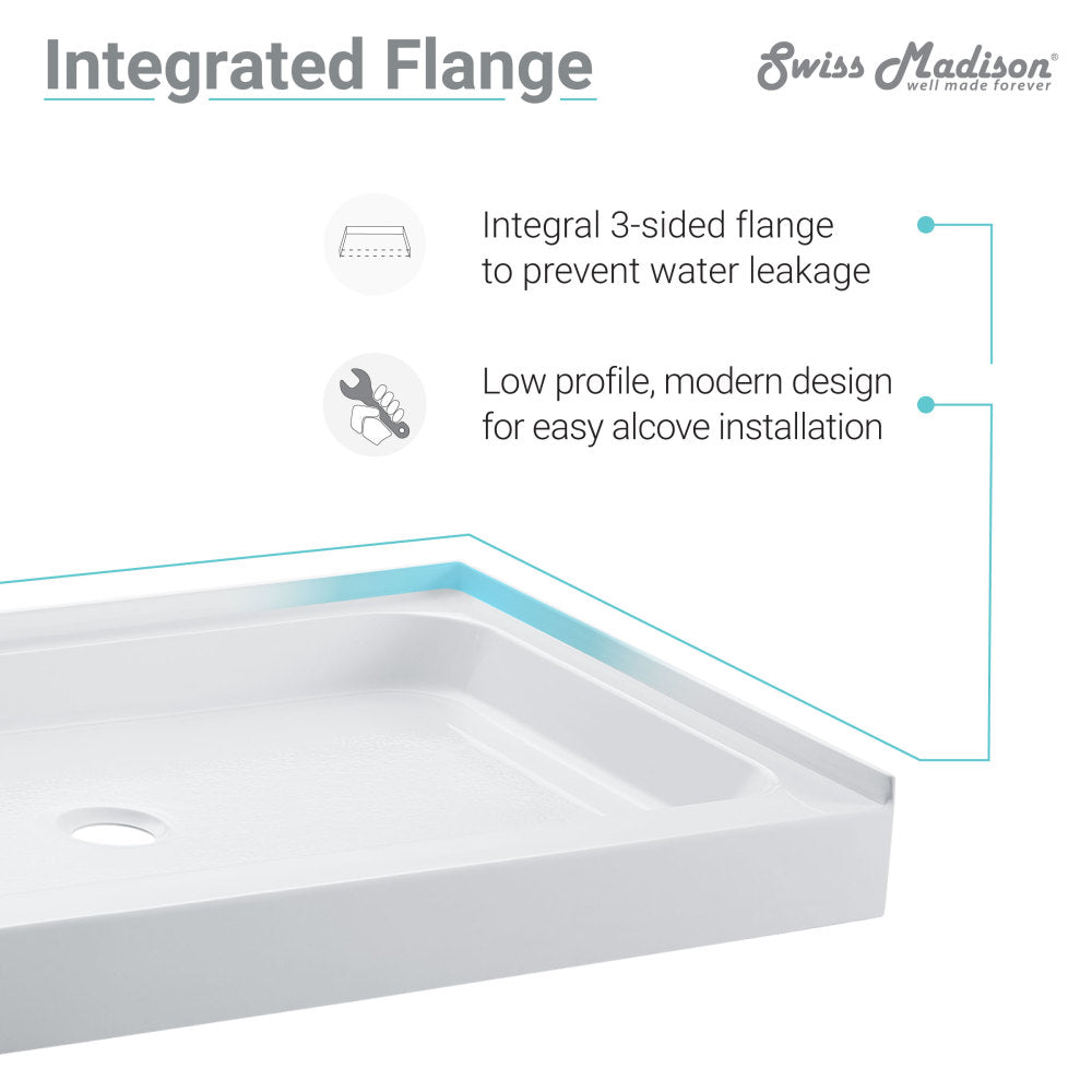 48" x 36" white acrylic shower base with single threshold and left drain, integrated flange design.