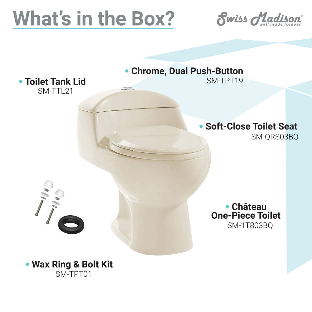 Elongated one-piece bisque toilet, dual-flush, soft-close seat, skirted trapway.