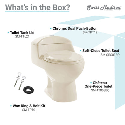 Elongated one-piece bisque toilet, dual-flush, soft-close seat, skirted trapway.