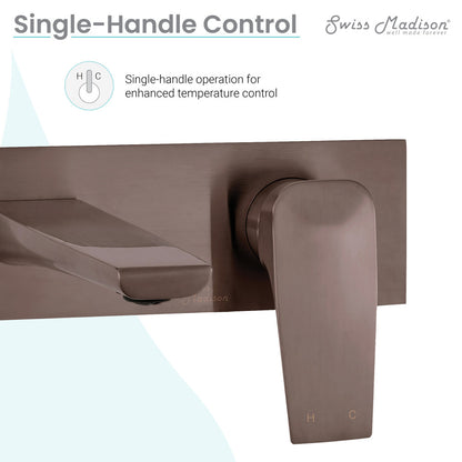Single-handle wall-mount bathroom faucet in oil rubbed bronze with temperature control markings.