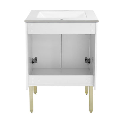 24-inch freestanding white bathroom vanity with single sink and open cabinet base with gold legs.