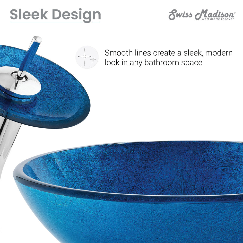 16.5-inch ocean blue glass vessel sink with single-handle chrome faucet, modern sleek design.