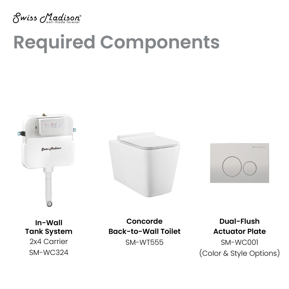 Square back-to-wall toilet bowl, dual flush actuator plate and in-wall tank system visible.