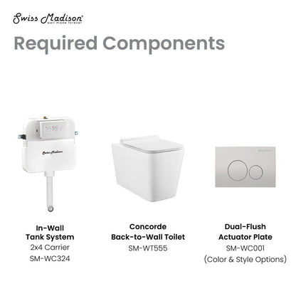 Square back-to-wall toilet bowl, dual flush actuator plate and in-wall tank system visible.