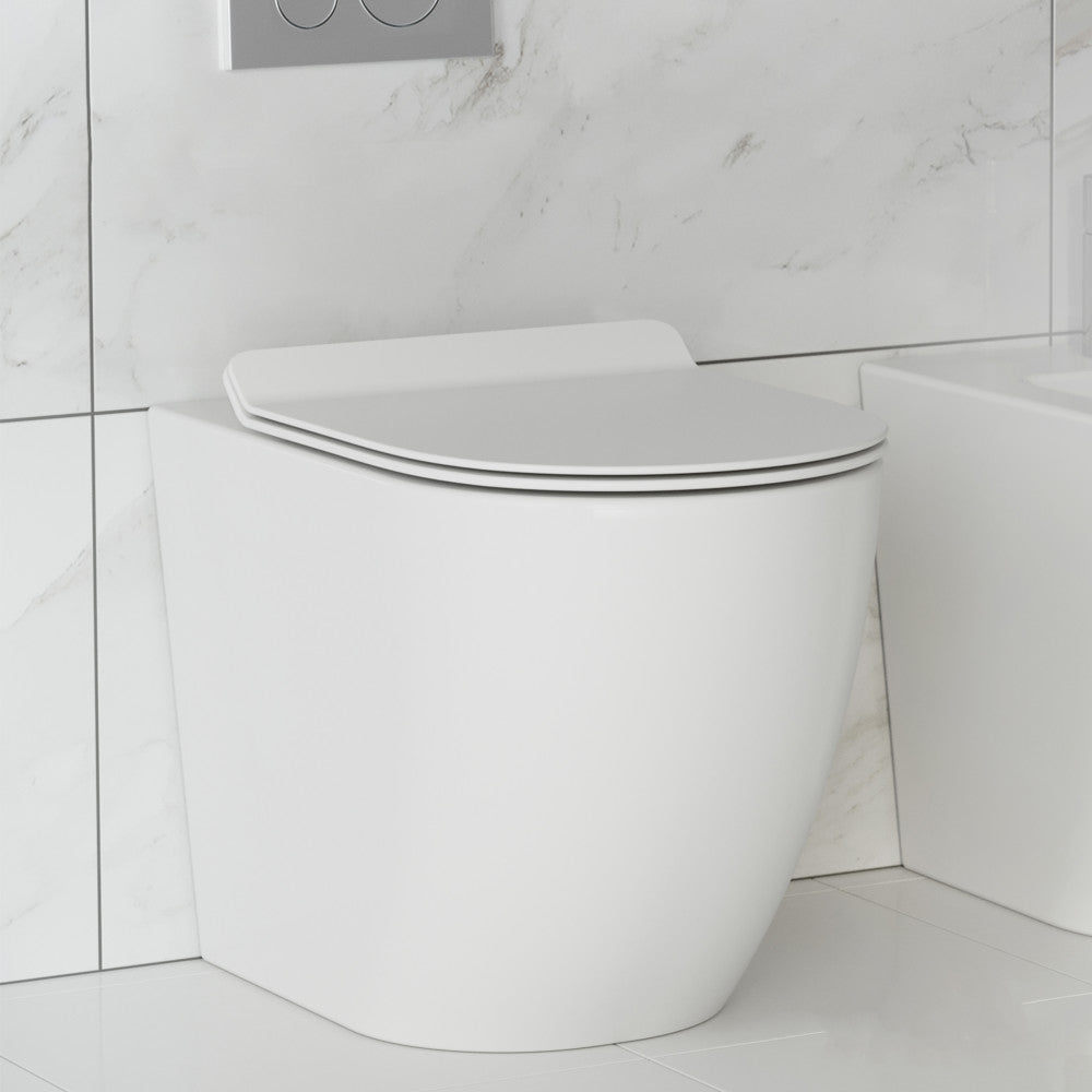 Elongated back-to-wall toilet bowl, sleek modern design, white ceramic with soft-close lid.