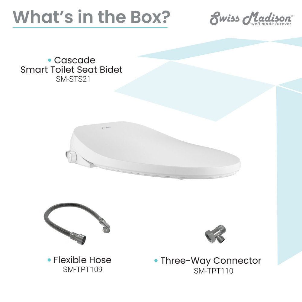 White smart toilet seat bidet with flexible hose and three-way connector accessories.