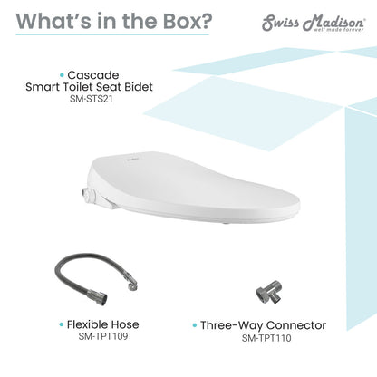 White smart toilet seat bidet with flexible hose and three-way connector accessories.