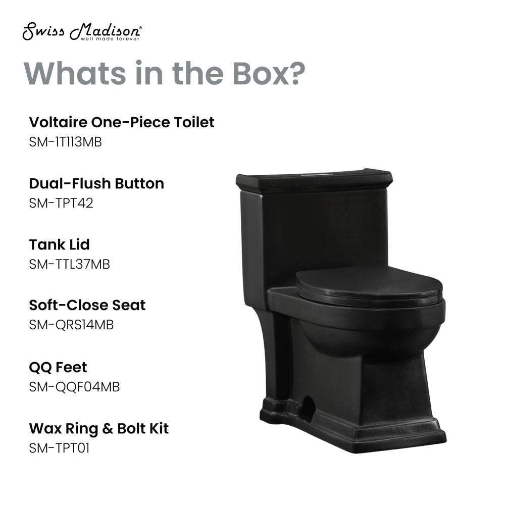 Elongated one-piece toilet in matte black with dual-flush and soft-close seat.