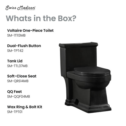 Elongated one-piece toilet in matte black with dual-flush and soft-close seat.