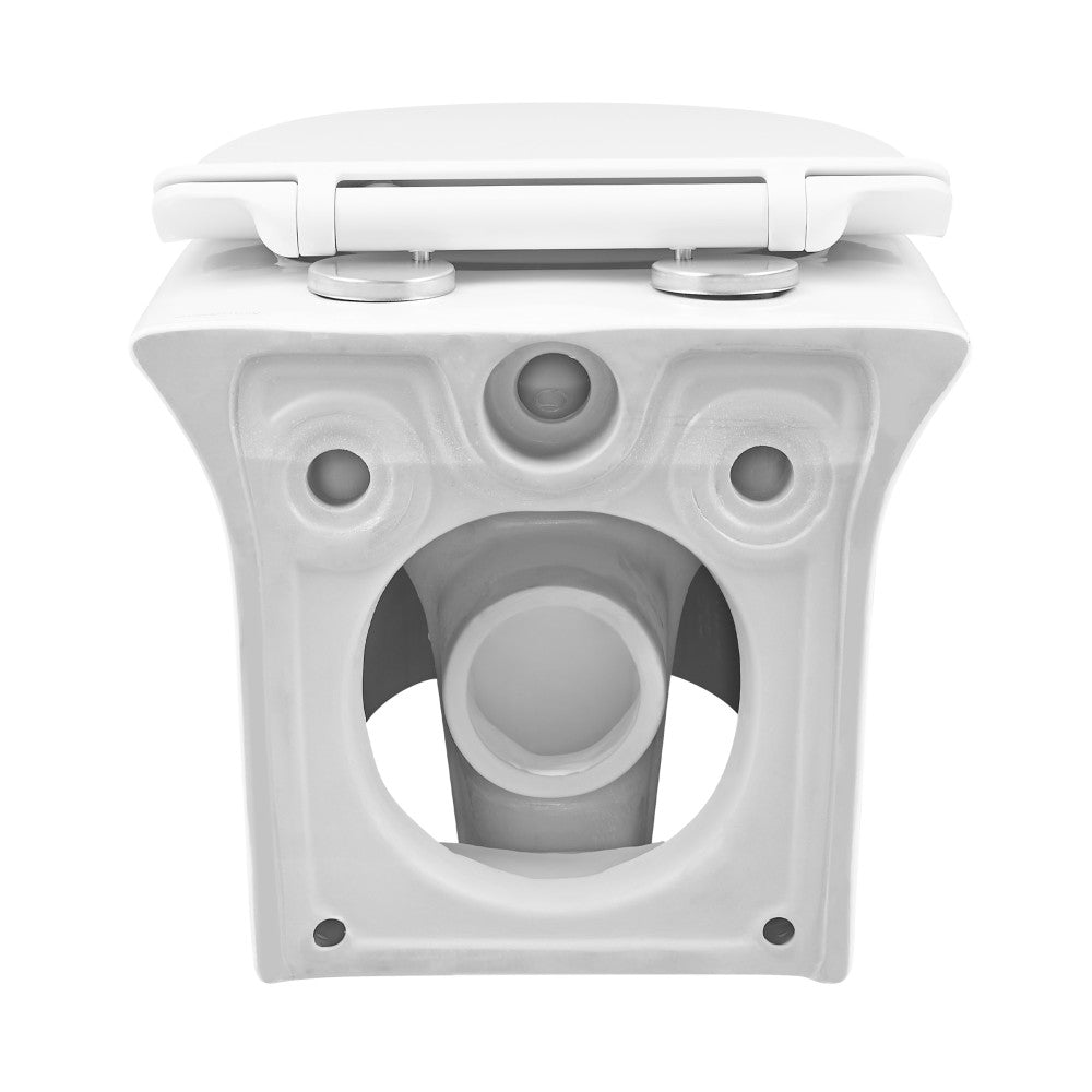 Wall-hung elongated toilet bowl in white ceramic with soft-close seat and concealed trapway.