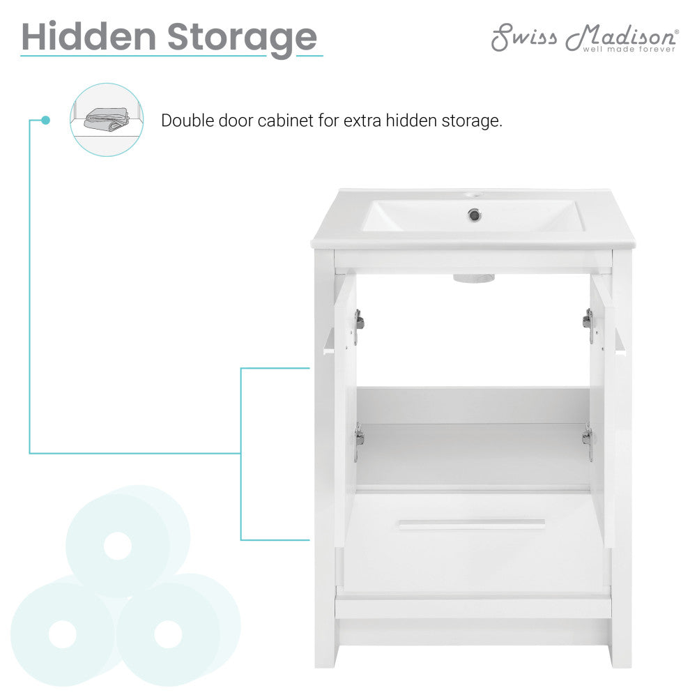 24-inch freestanding white bathroom vanity with double-door cabinet and sink top.
