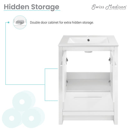 24-inch freestanding white bathroom vanity with double-door cabinet and sink top.