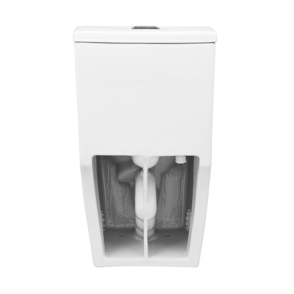 Elongated one-piece toilet with dual flush and skirted trapway in white ceramic.