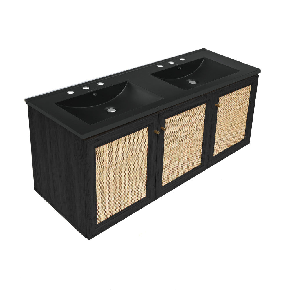 Classe 48" Wall-Mounted Bathroom Vanity in Black Oak with Black 3-Hole Centerset Double Basin Sink Top