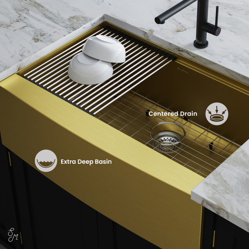 Tourner 33 x 22 Stainless Steel, Single Basin, Farmhouse Kitchen Workstation Sink with Apron in Gold