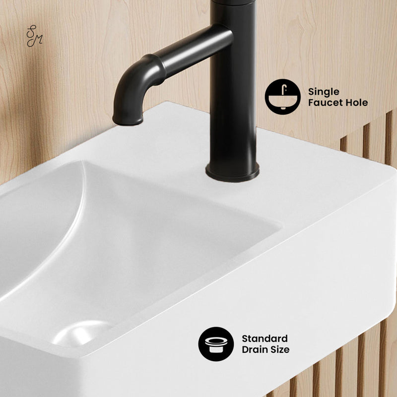 Lisse 16" Concrete Rectangle Wall-Mounted Sink with Right Side Faucet Mount in Matte White