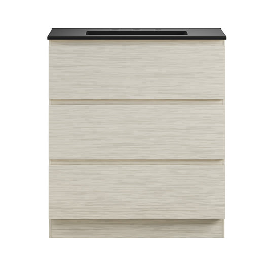 Liberte 30" Freestanding Bathroom Vanity in White Oak with Black 3-Hole Widespread Sink Top