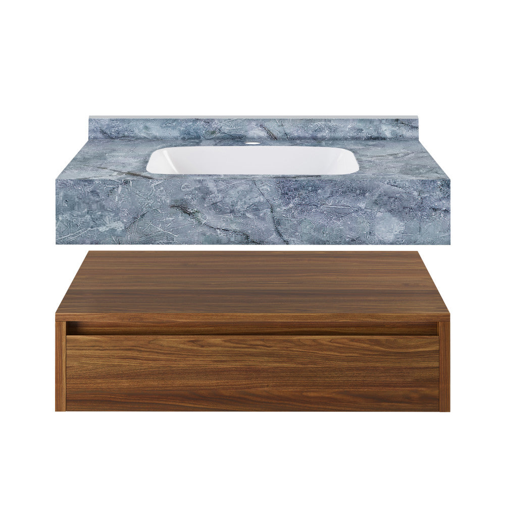 Avancer 36" Wall-Mounted Bathroom Vanity in Brown Oak with Blue Celeste Sink Top