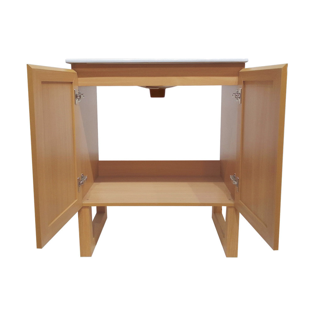 30-inch freestanding natural oak bathroom vanity with sink top, open double doors, and interior shelf.