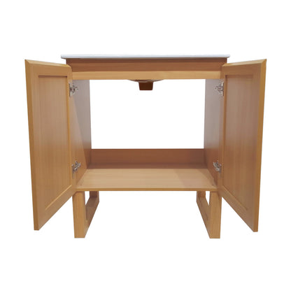 30-inch freestanding natural oak bathroom vanity with sink top, open double doors, and interior shelf.