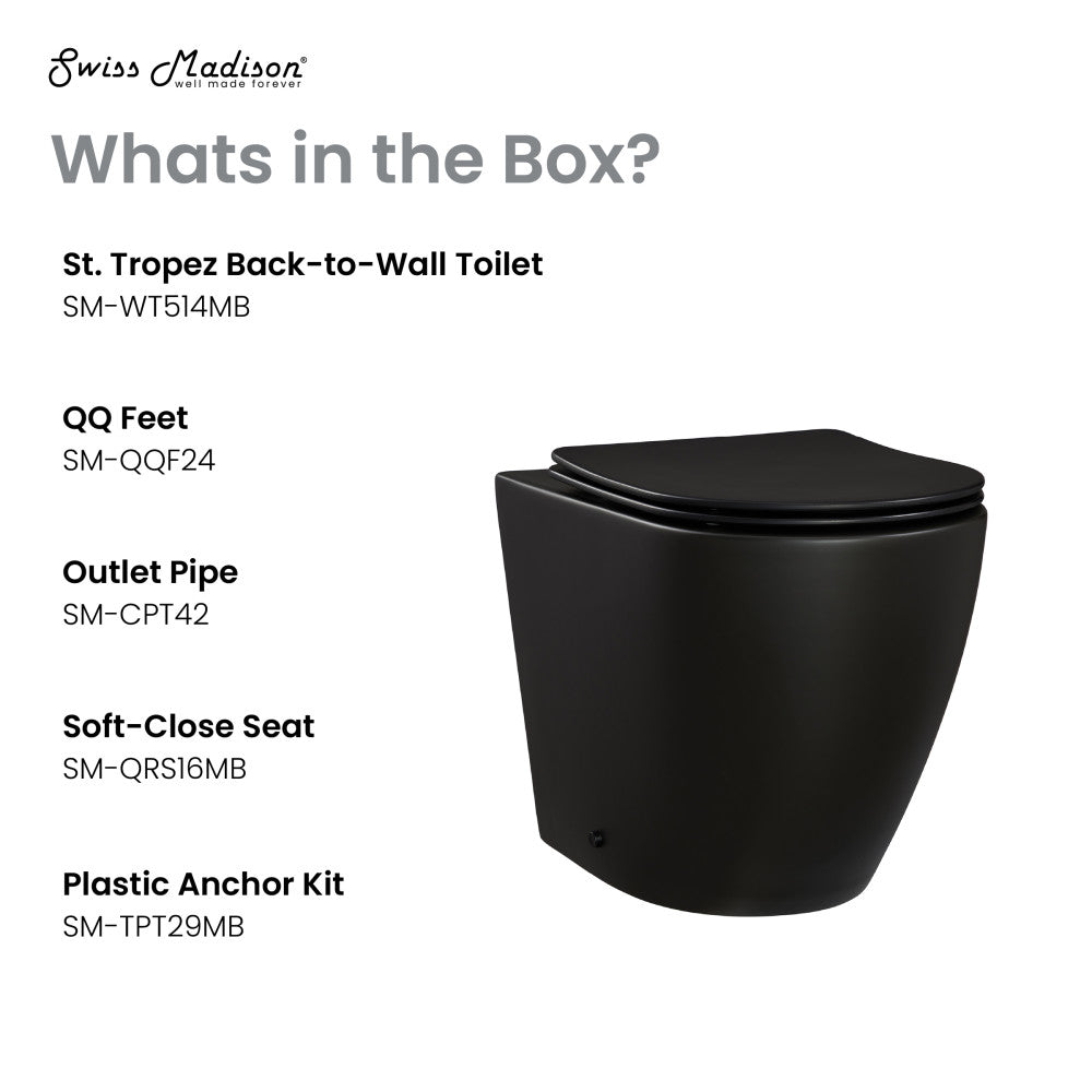 Elongated back-to-wall toilet in matte black with soft-close seat and sleek modern design.