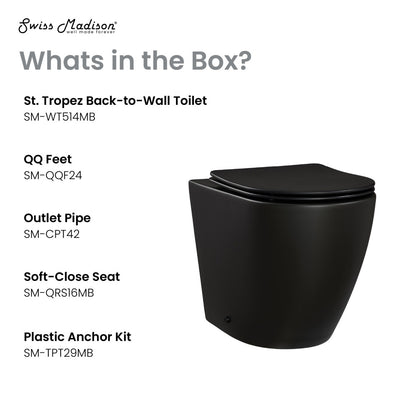 Elongated back-to-wall toilet in matte black with soft-close seat and sleek modern design.