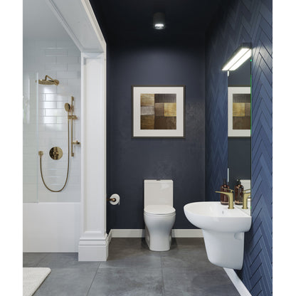 Round two-piece toilet with dual-flush, compact design, white porcelain, soft-close seat.