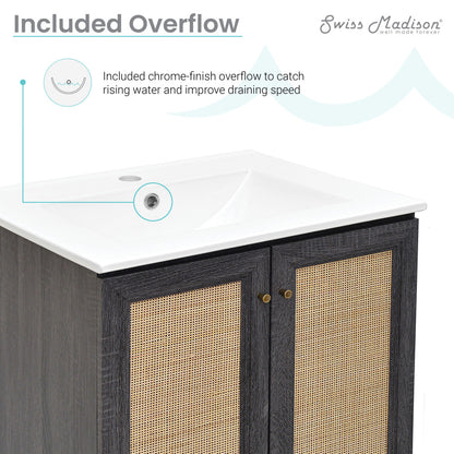 24-inch freestanding bathroom vanity in black oak with single sink and woven rattan cabinet doors.
