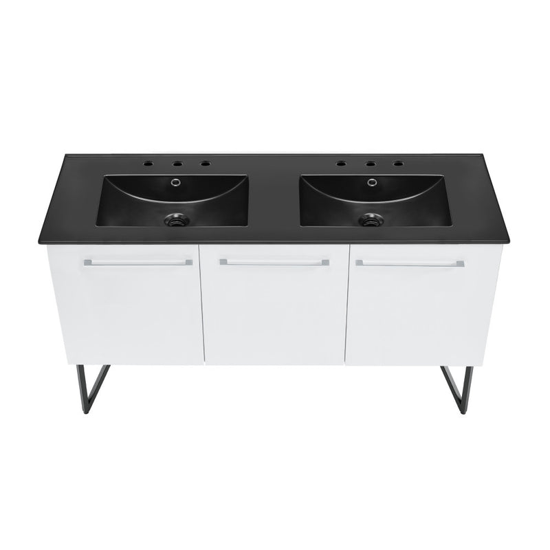 Annecy 60 in. White, Double Basin Bathroom Vanity With Black, 3-Hole Artificial Stone Sink Top