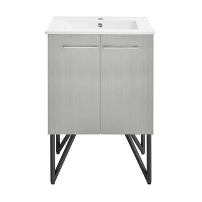 24-inch freestanding gray bathroom vanity with single sink and soft-close doors.