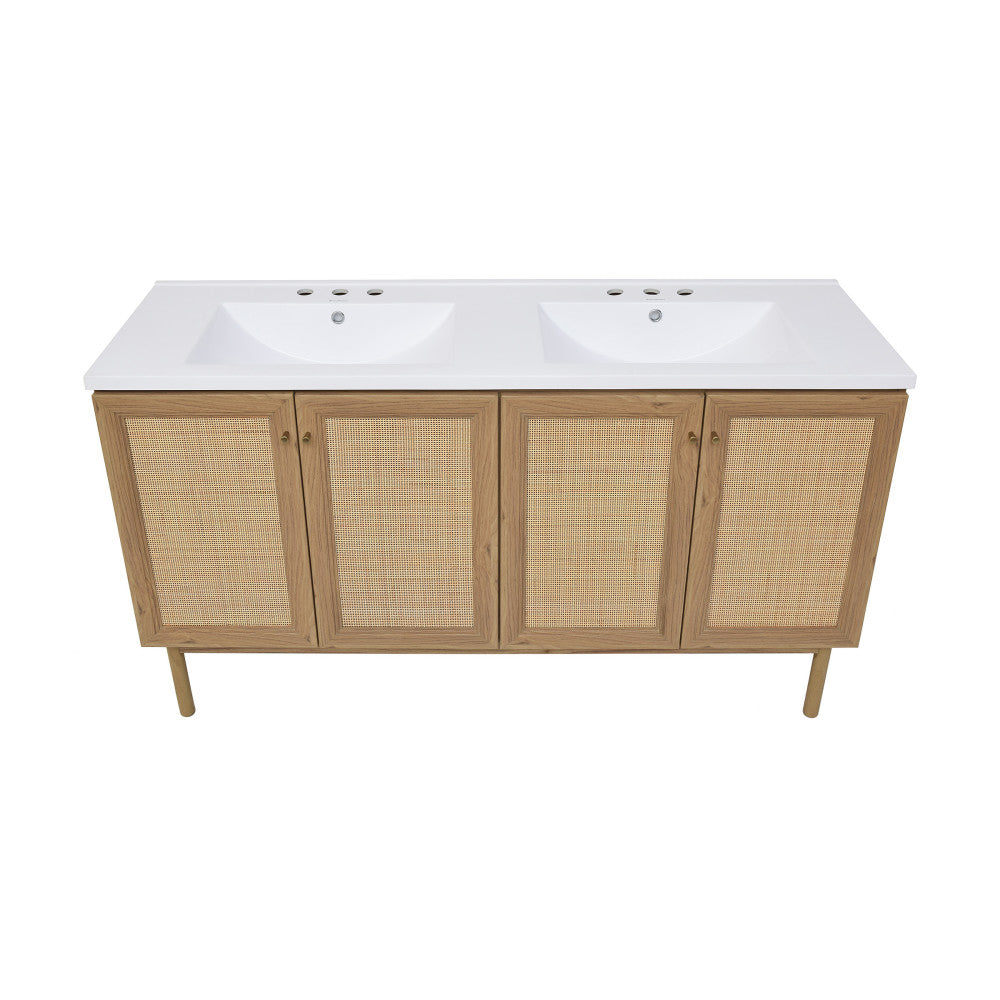 Classe 60" Freestanding Bathroom Vanity in Golden Oak with 3-Hole Widespread Double Basin Sink Top