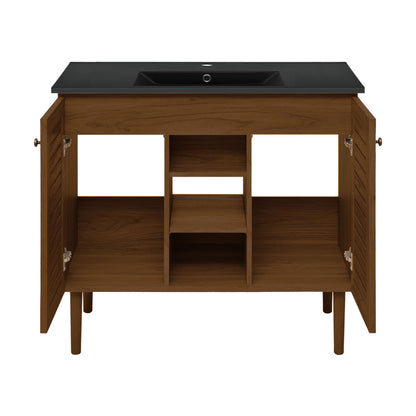 Bron 36" Freestanding Bathroom Vanity in Brown Oak with Black Sink Top
