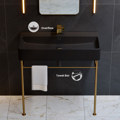 Carre 36 Ceramic Console Sink Matte Black Basin Brushed Gold Legs