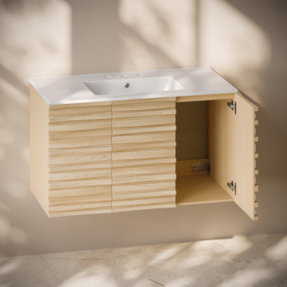 Cascade 36" Wall-Mounted Bathroom Vanity in Natural Oak with 3-Hole Widespread Sink Top