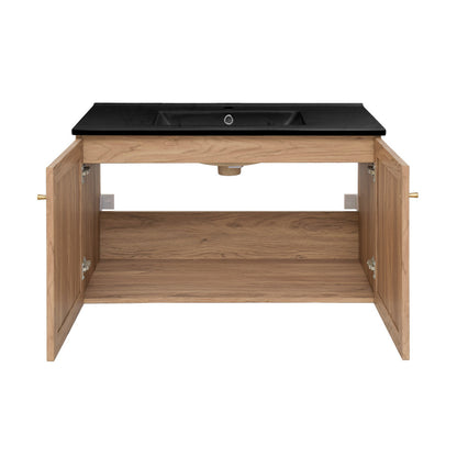 Classe 36 in. Brown Oak Wall Hung Bathroom Vanity With Black Ceramic Sink Top