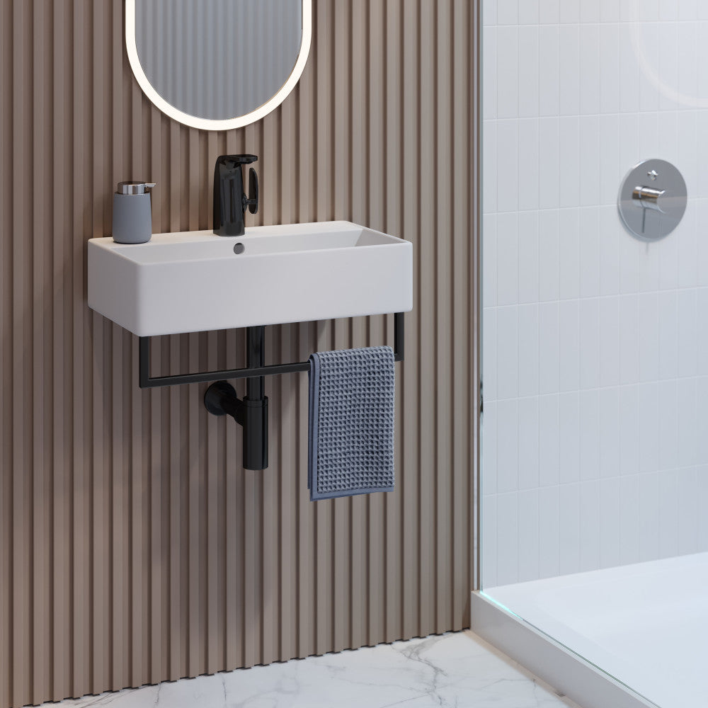 22" wall-mount bathroom sink with black towel bar and matte black faucet.