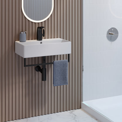 22" wall-mount bathroom sink with black towel bar and matte black faucet.