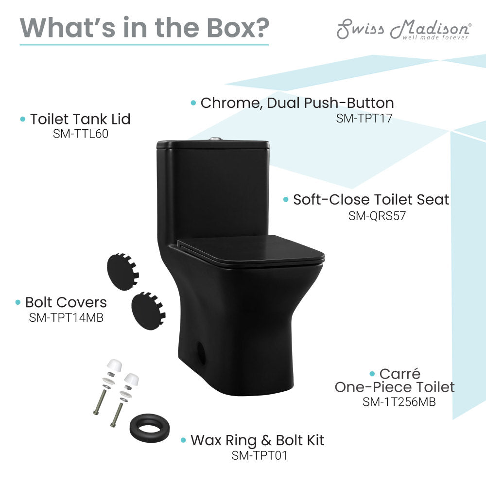 Elongated one-piece toilet in matte black, dual-flush, soft-close seat.