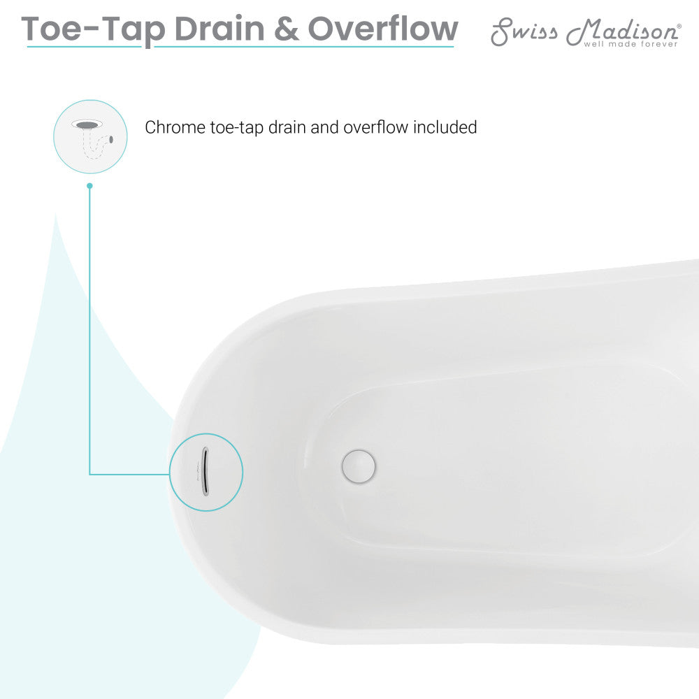 Freestanding soaking bathtub 60 inch, center drain, white acrylic with smooth curved edges.