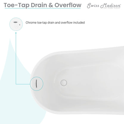 Freestanding soaking bathtub 60 inch, center drain, white acrylic with smooth curved edges.