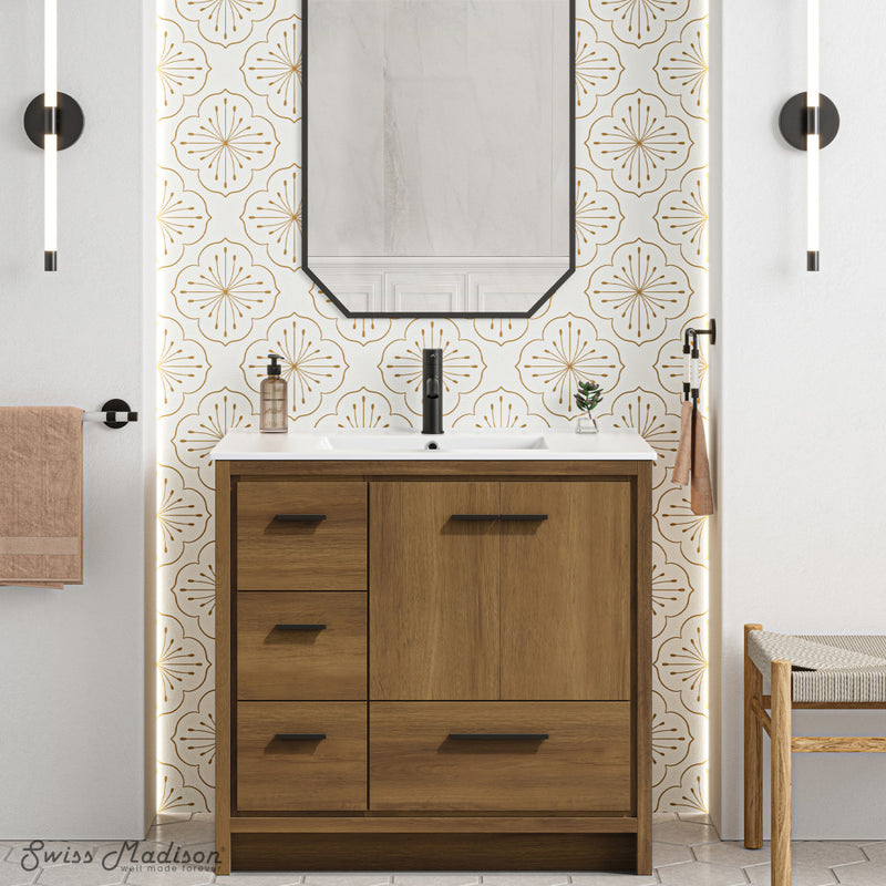 Virage 36" Freestanding Bathroom Vanity in Brown Oak with Sink Top